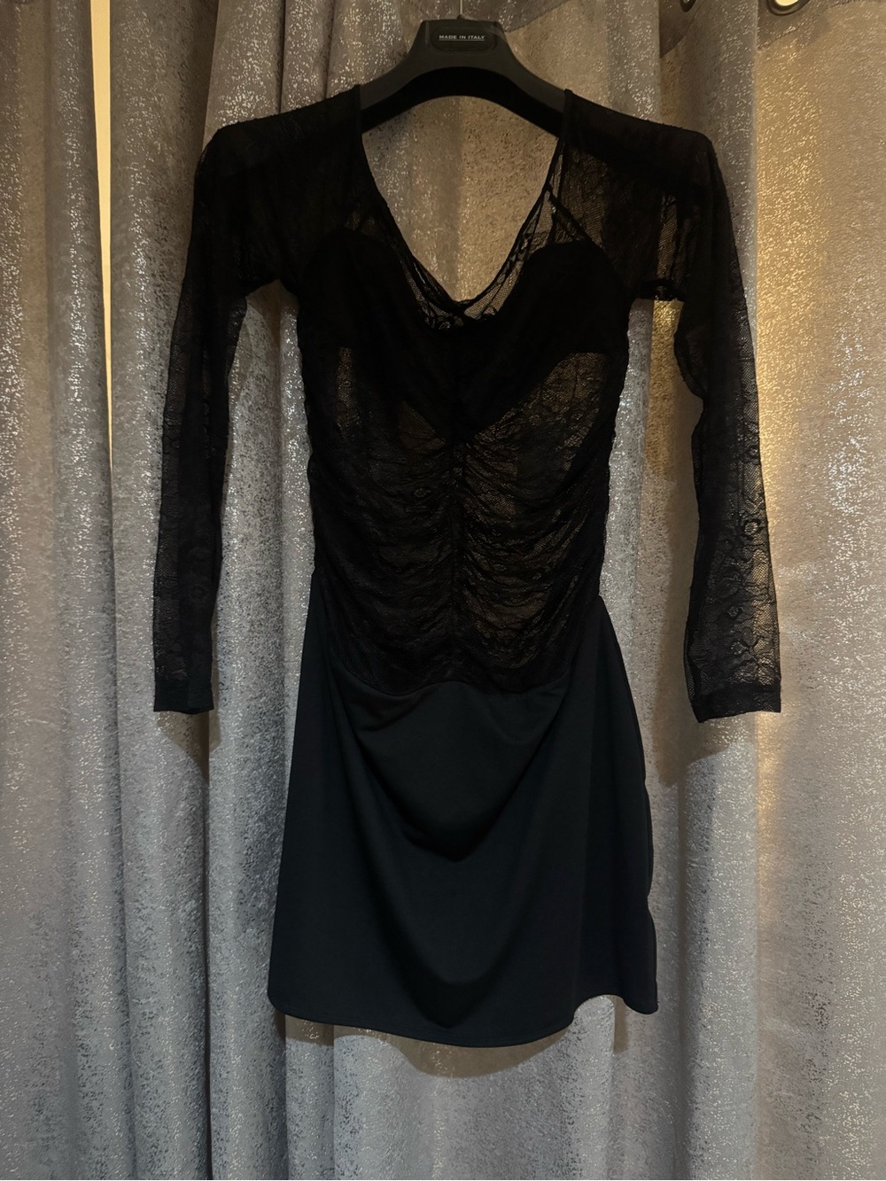 Peppermayo Black Lace Long-Sleeve Ruched Mini Dress